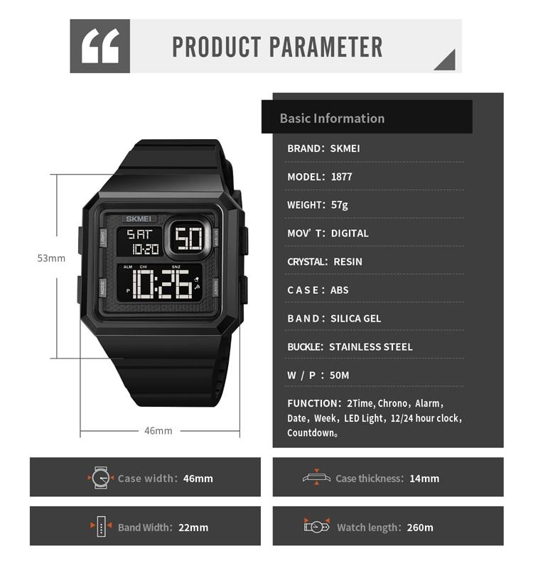 Skmei Уличные военные спортивные часы, мужские цифровые наручные часы с обратным отсчетом и светодиодной подсветкой, 5 бар, водонепроницаемый будильник, reloj hombre
