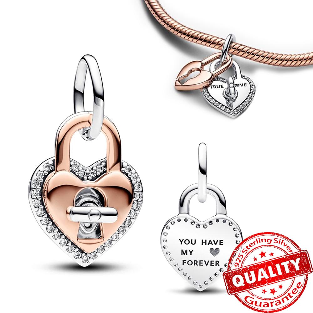Sparkling Rose Gold Pavé Triple-Row Beads Pink Gem Entwined Hearts Charm Fits Brand Bracelet For Copper Necklace