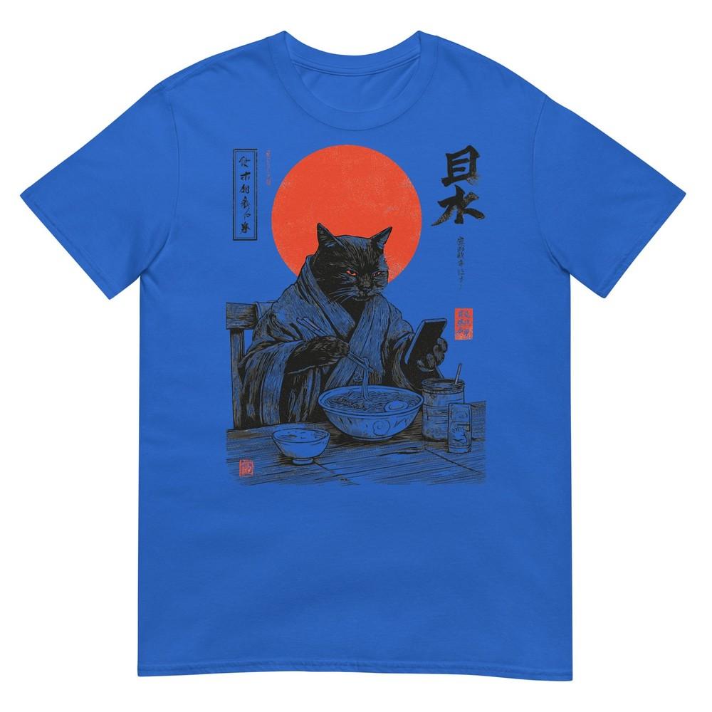 Samurai Cat Eat Raunisex Scroll Phone Japanese Food Humor Art Tshirt