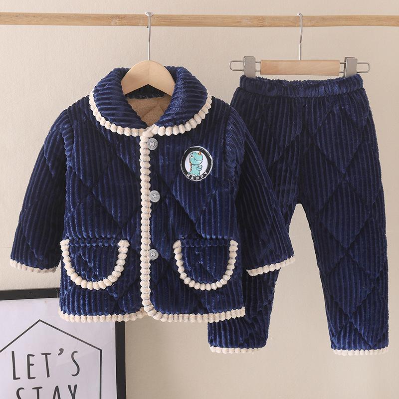 Зимняя детская мода фланелевая хлопковая подкладка толстая теплая пижама с рисунком пижамные комплекты с отворотами для мальчиков и девочек одежда для сна одежда