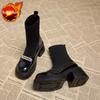 Модные ботильоны на массивной подошве, женские короткие туфли на платформе, кожаные черные женские ботильоны-носки до щиколотки, ботинки New Rock Fashion 2024, весна, горячая осень