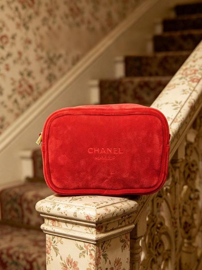Красный Бархат Chanel Сумка для Макияжа Бренд Аксессуар для Красоты, Портативная Косметичка на Молнии Органайзер для Путешествий и Умывания для Хранения Помады Наушников Карты Ключа