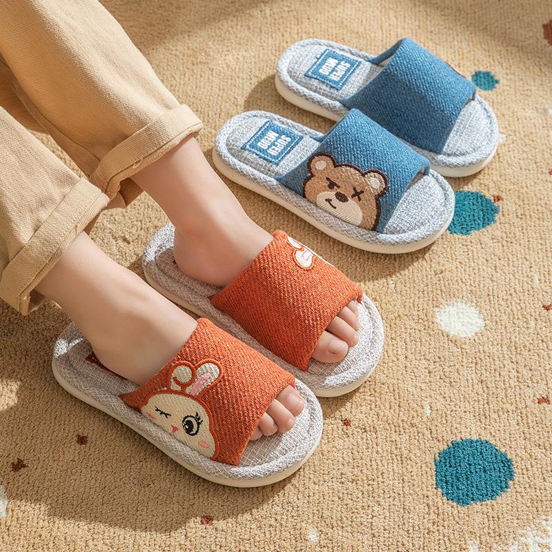 Summer Parent Child Cartoon Linen Slippers Unisex Casual Home Shoes Anti Slip Indoor Cool Slipper For Couple 24-45
