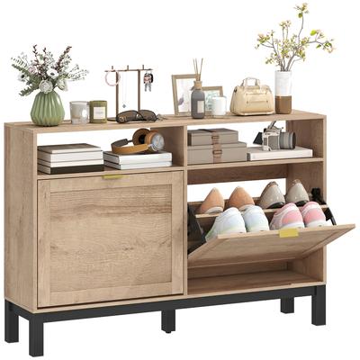Shoe Cabinet with 2 Flip Drawers, Narrow Shoe Storage Top for Entryway Hallway, Walnut Brown