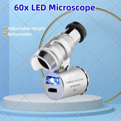 Мини-микроскоп 60X со светодиодной подсветкой, карманная лупа с высоким разрешением для ювелирных изделий, портативная лупа для обнаружения валюты