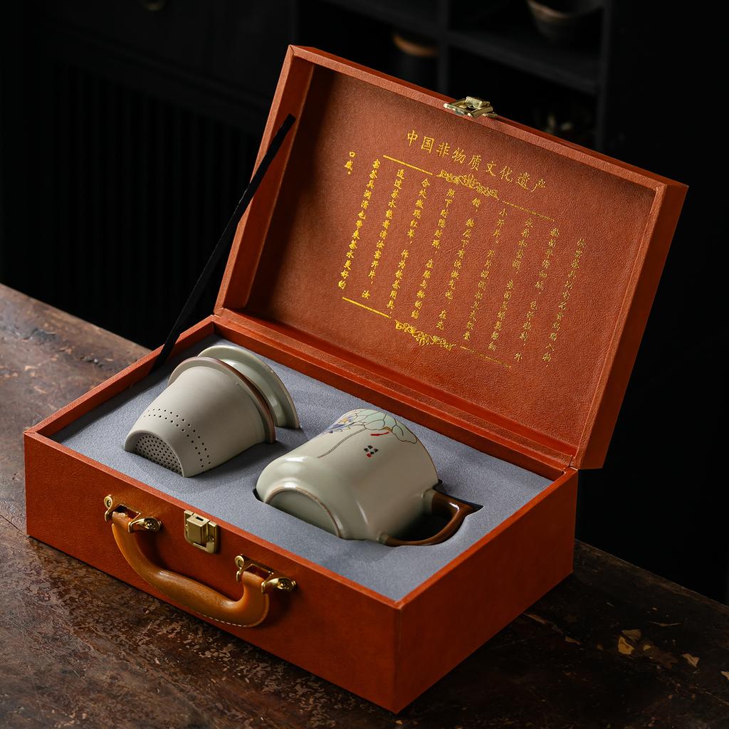 Ru porcelain teacup office cup gift box ceramic brewing tea cup tea separation with lid large capacity mug self-use cup