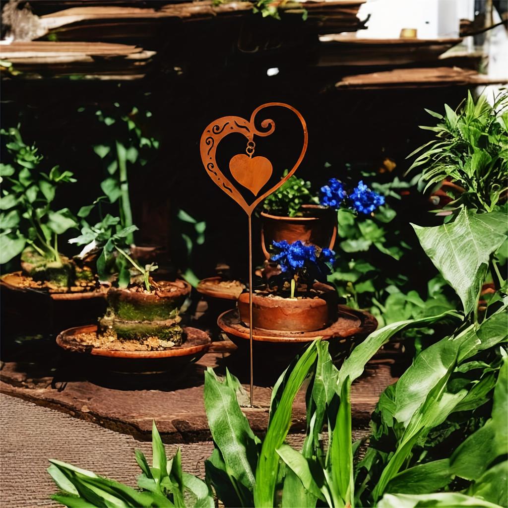 1Pc Iron Rust-Colored Heart-Shaped Garden Decoration Stake, Wedding Garden Decoration with Leaf Swirl Design, Suitable for Outdoor Decoration At Weddi