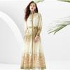 Весна Новый Стиль Женское Ретро Стиль Отпуска Воротник-стойка Рукав Фонарик Длинная Юбка Платье с Принтом Модный Тренд Пляжный Стиль Длинное Платье