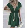 Women Vintage Mini Dresses 2023 Summer Fashion Solid V Neck Loose Lace Up Dress Female Casual Short Sleeve Beach Dress Vestidos
