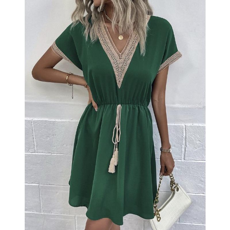 Women Vintage Mini Dresses 2023 Summer Fashion Solid V Neck Loose Lace Up Dress Female Casual Short Sleeve Beach Dress Vestidos