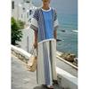 A new summer women's clothing, printed striped color matching medium-sleeved crew neck top, straight casual suit.