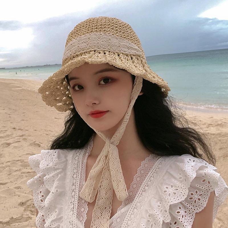 Соломенная шляпа женская летняя складная пляжная шляпа для отдыха шляпа с козырьком на кружевном ремешке панама
