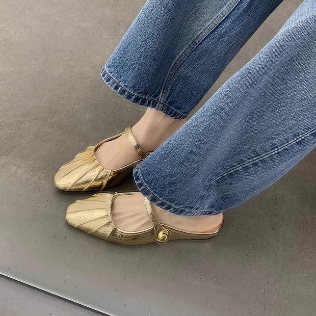 Grape Mother Silver Single Shoes Wrinkled Temperament Square Head Half Tray Women's Shoes Soft Sole Not Tired Feet 2025 Autumn New Shoes