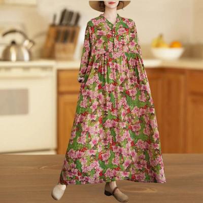 Платье женское повседневное свободное весеннее осеннее с длинным рукавом, большого размера, хлопковое, винтажное, с цветочным принтом, новинка