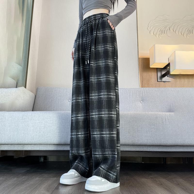 Женские весенние новые клетчатые свободные повседневные узкие прямые цилиндрические брюки с эластичной резинкой на талии, ленивые широкие брюки