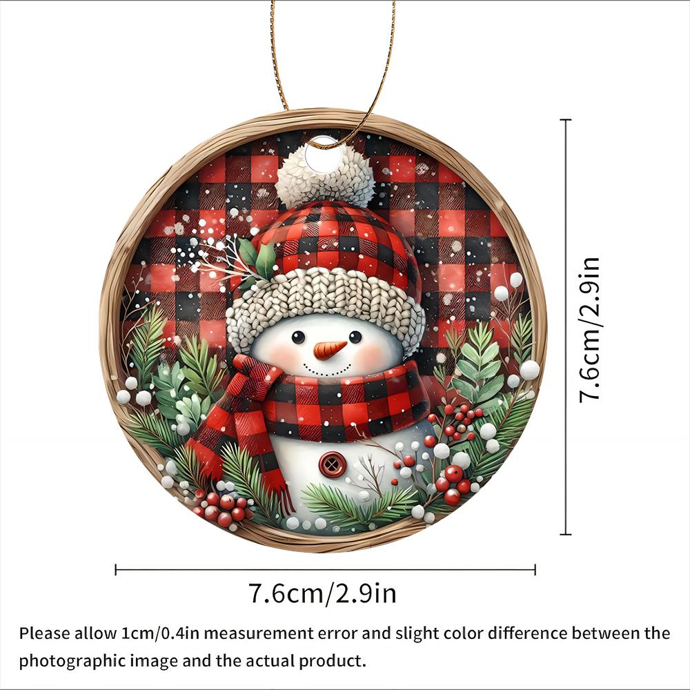 Rustic Snowman Red Buffalo Plaid Acrylic Christmas Tree Ornament Winter Holiday Decoration Xmas Hanging Ornament Round Festive Keepsake Gift