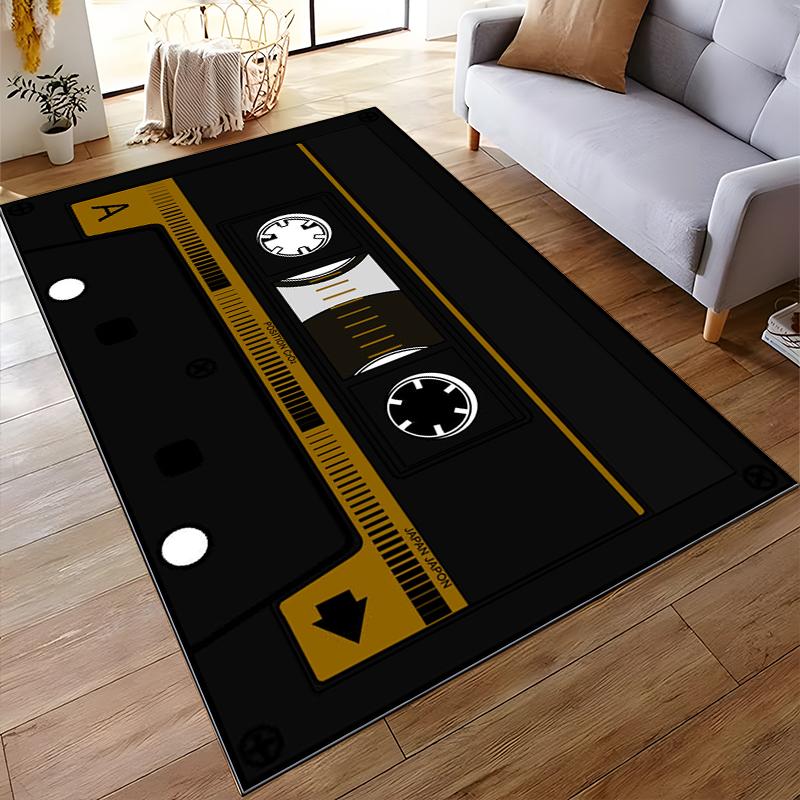 Vintage Cassette Tape Design Rug, Black & Yellow Non-slip rug suitable for living room and bedroom sofas.