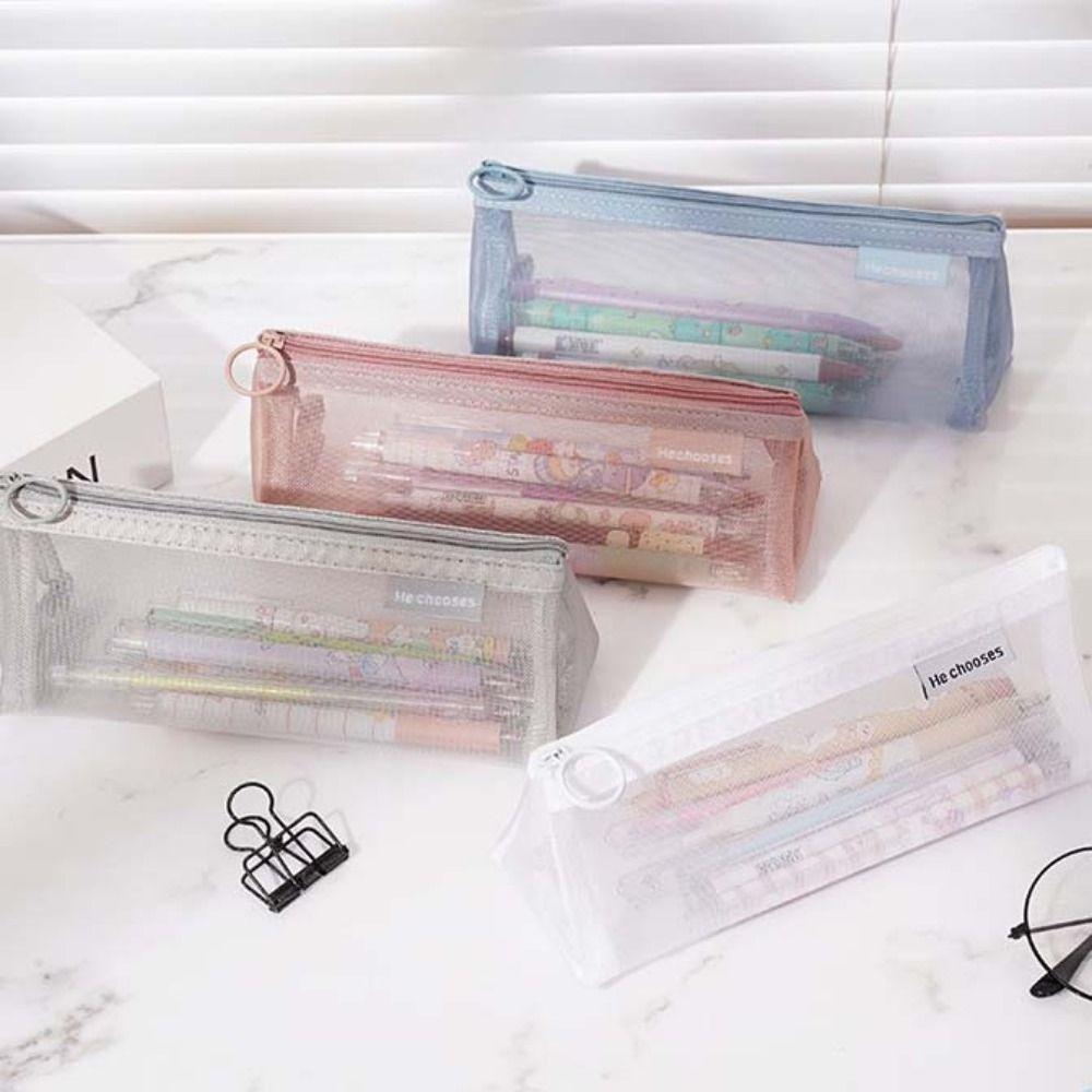 Triangle Mesh Pencil Case Retro Color Zipper Stationery Bag Fashion Transparent Bills Bag Student