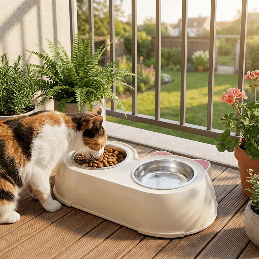 Plastic Cat Food Water Bowls Stainless Steel Pet Water Feeder Practical Pet Double Bowls Pet Food