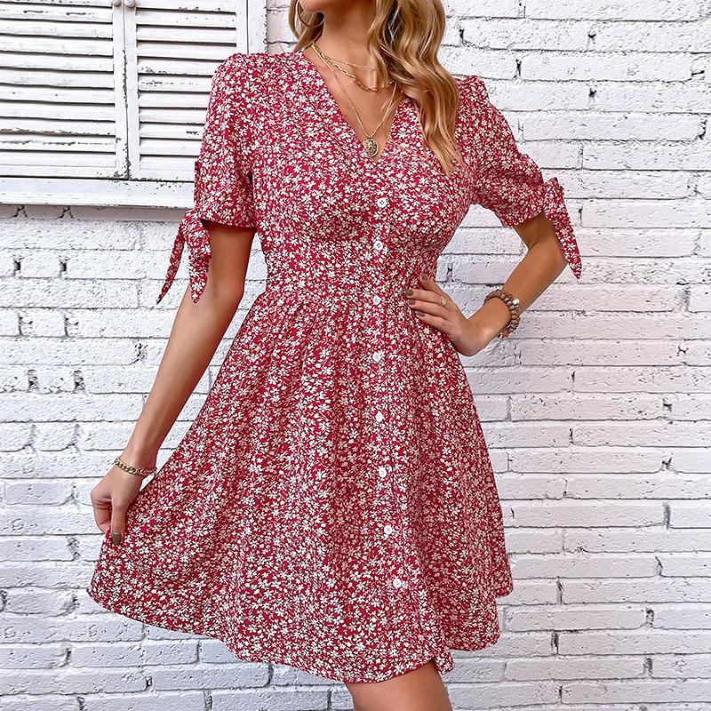 YYFS Women's Fashion Summer Spring Floral Print Short Sleeve V-Neck Casual Dresses