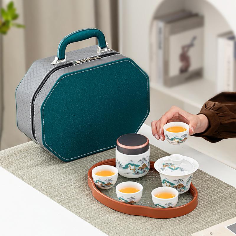 Travel tea set Dehua suet jade rime pavilion cover bowl outdoor express cup business custom printing corporate souvenirs