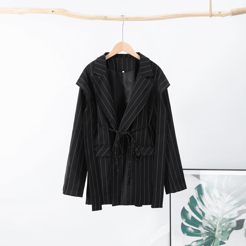 Модный полосатый пиджак с лацканами для женщин, элегантный свободный пиджак с поясом, женская весенняя универсальная шикарная уличная одежда
