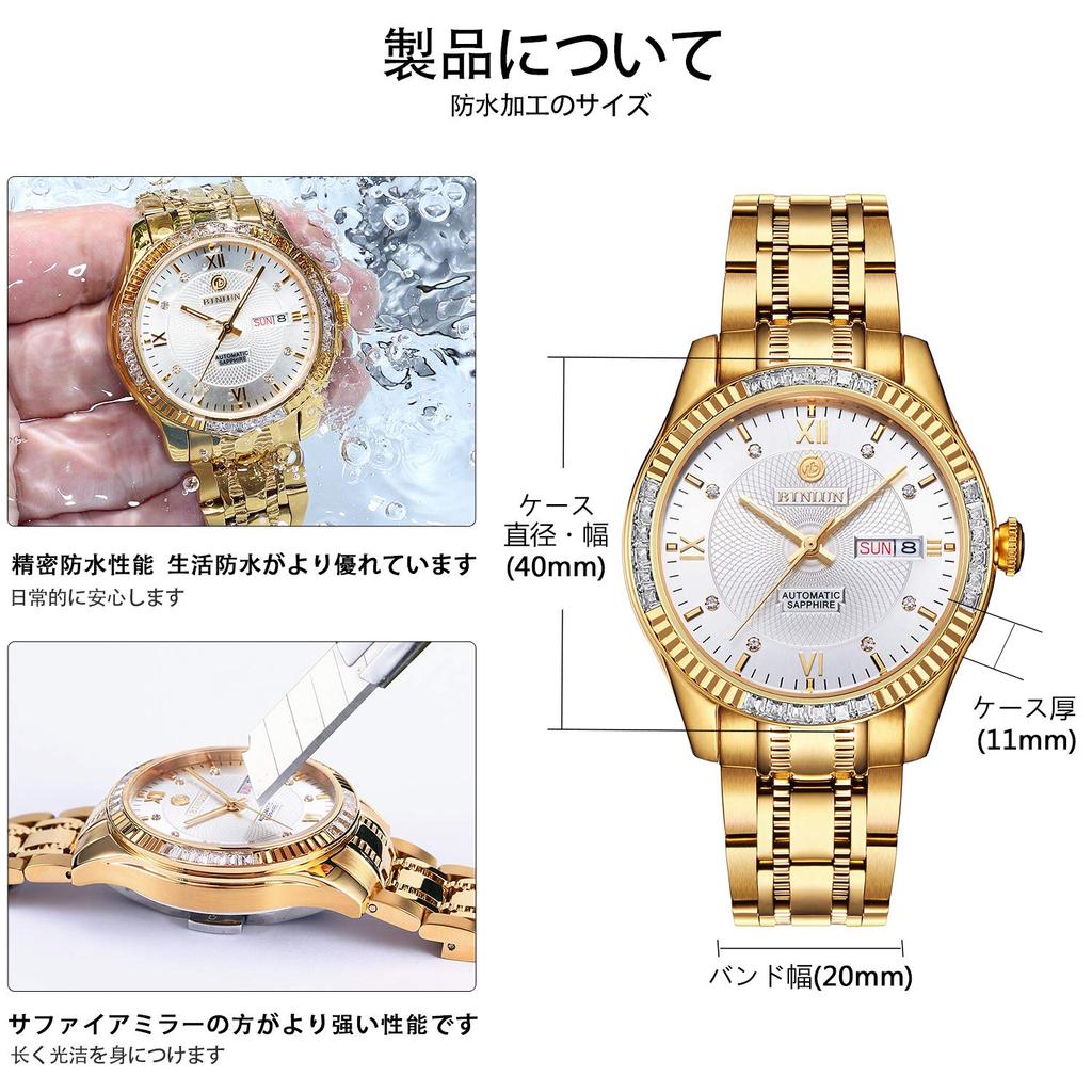 BINLUN Золотые Автоматические Часы Золотые Механические Скелетон Бизнес Часы Водонепроницаемые Аналоговые из Нержавеющей Стали Роскошные Часы для Мужчин Мужские Мужские [Продукт]