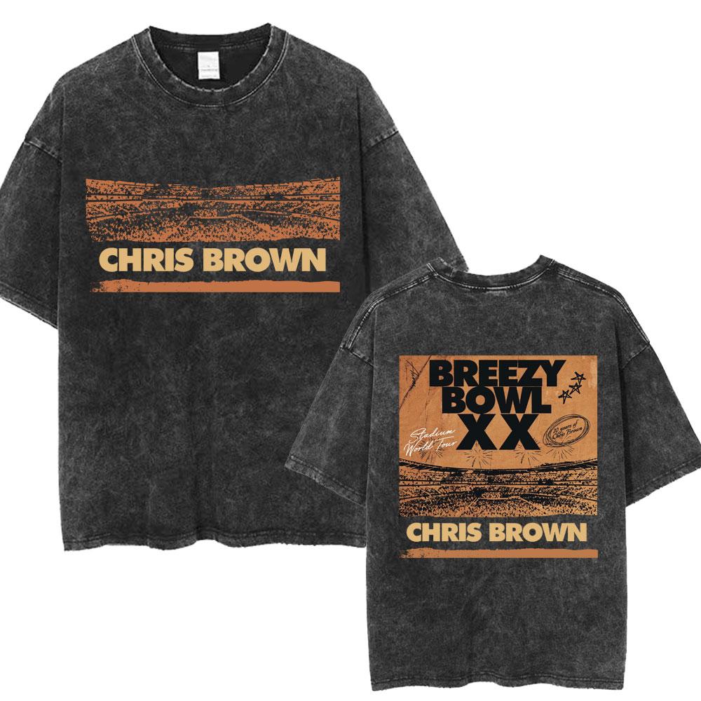 Chris Brown Breezy Bowl XX Concert Tour Washed T Shirts Vintage Hip Hop Gothic T Shirt Mens Oversized Cotton Tshirt Streetwear