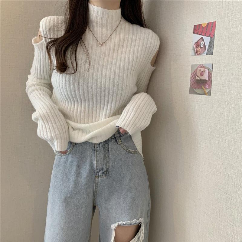 Women Turtleneck Sweaters Autumn Winter Loose Pullovers Knitted Jumper Off Shoulder Fashion Casual Knitted Sweater White Black Long Sleeve Tops