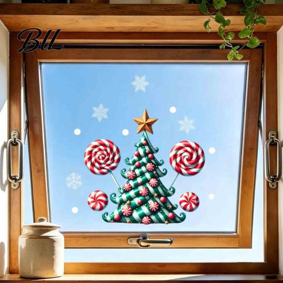 Customizable Seasonal Wall Art Candy Christmas Tree Window Static Sticker, Waterproof PVC Removable Cane Holiday Stickers Glass Clings, Decorative