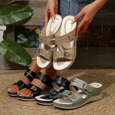 Мода 2025 Новые женские шлепанцы на танкетке Удобные сандалии с открытым носком Винтажные нескользящие шлепанцы Повседневная платформа Ретро обувь Слайды Женские