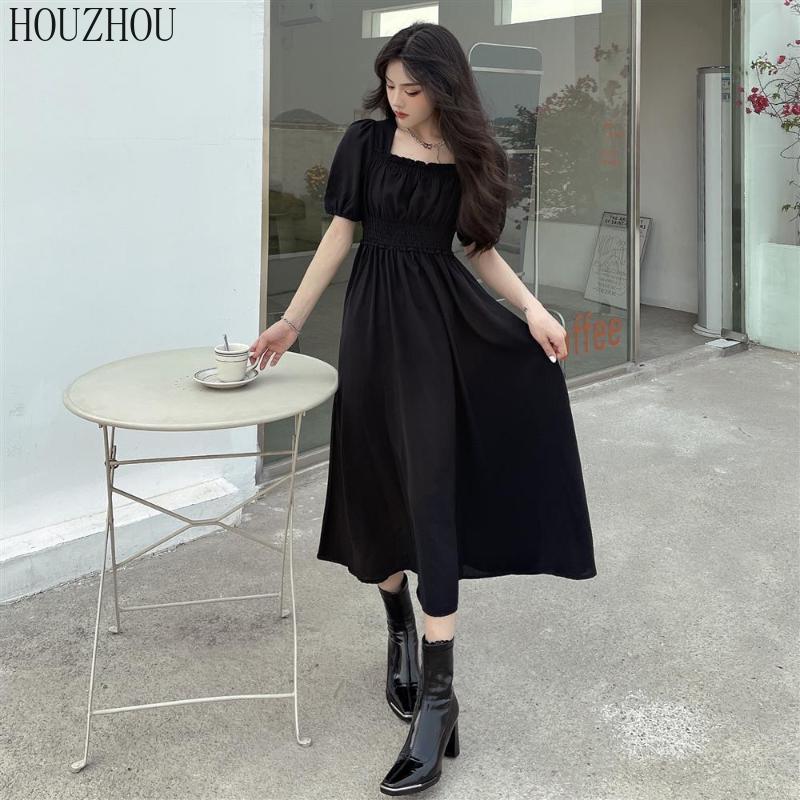 HOUZHOU черное платье с короткими рукавами, женское милое кавайное летнее корейское элегантное платье миди с высокой талией и квадратным воротником