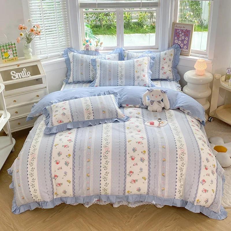 Комплект постельного белья с розовым цветочным принтом, 100% хлопок, корейский стиль, оборка, пододеяльник с 2 наволочками, приятный для кожи комплект постельного белья размера «queen-size»