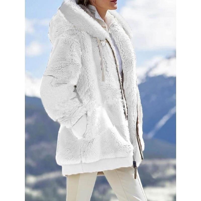 Women Warm Plush Jackets Winter Thick Fleece Faux Fur Zipper Long Sleeve Hooded  Female Casual Oversized Coats