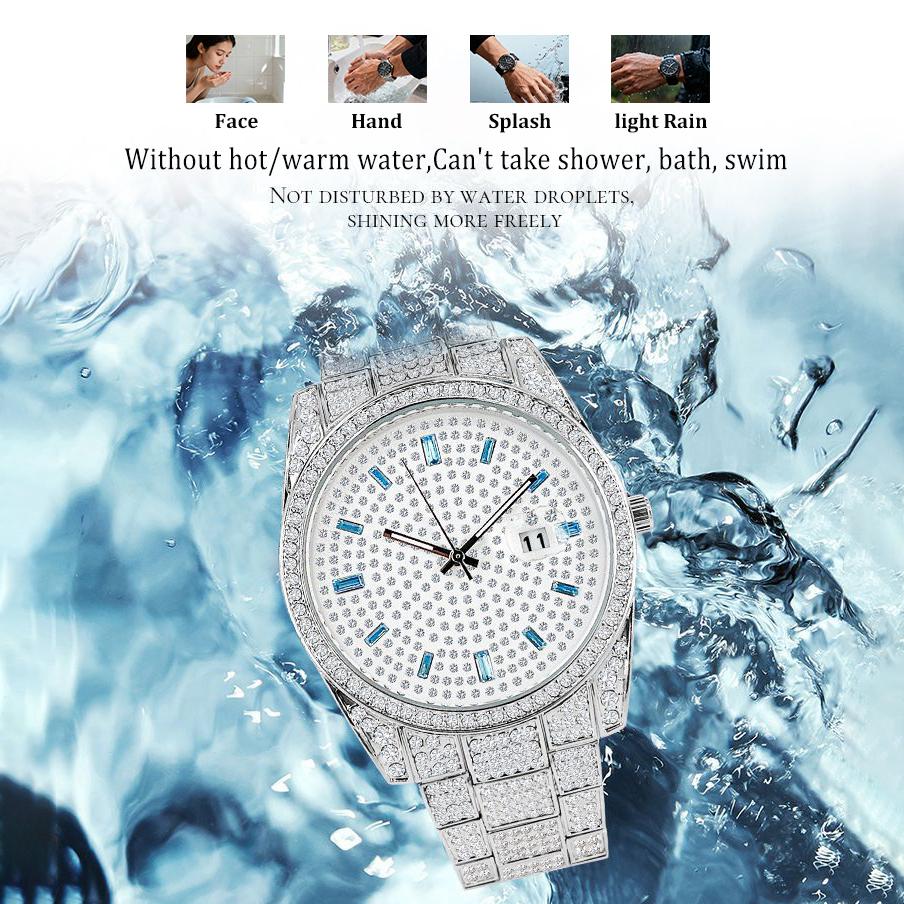 Часы-платье со стразами Искрящиеся аналоговые часы с покрытием «iced out» и календарем Светящиеся стрелки Водонепроницаемые часы для мужчин и женщин