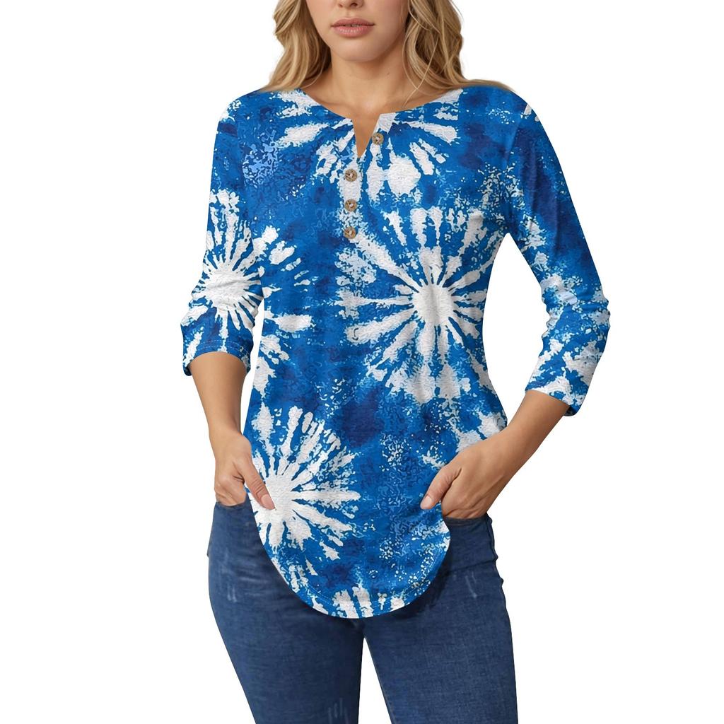 Женские топы с рукавами 3/4, летние футболки с цветочным принтом и V-образным вырезом, повседневные базовые футболки с пуговицами, туники