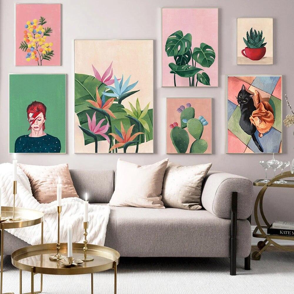 Ботанический кактус Монстера, настенная живопись на холсте, абстрактные растения, скандинавский постер и принт, женщина, кошка, фотографии, современный домашний декор, без рамки