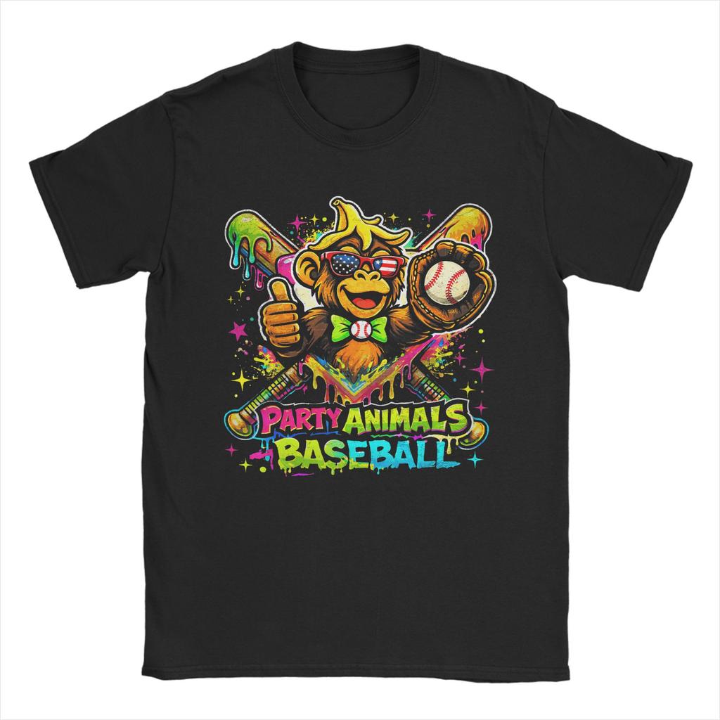 Party Animals Baseball Monkey T Shirt Unisex Pure Cotton Vintage TShirt Crewneck Tees Short Sleeve Clothing Big Size
