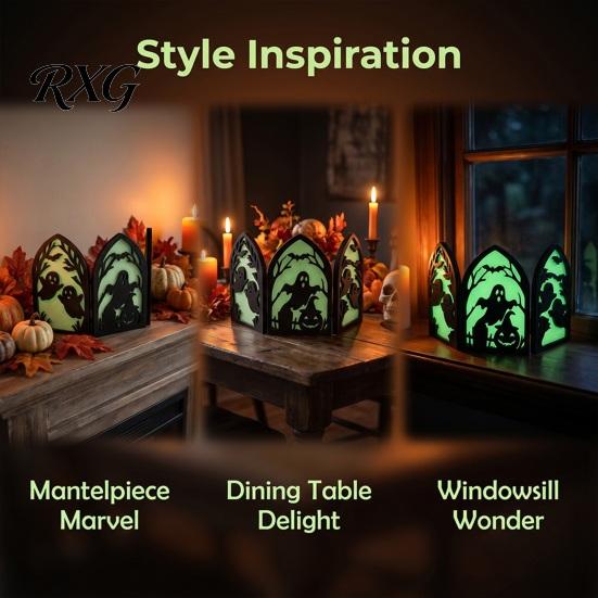 Ghost Witch Black Cat Decor Halloween Wooden Screen Ornaments, Glow in The Dark Gothic Arch No Assembly Ornaments Decor, Atmosphere Supplies for Home