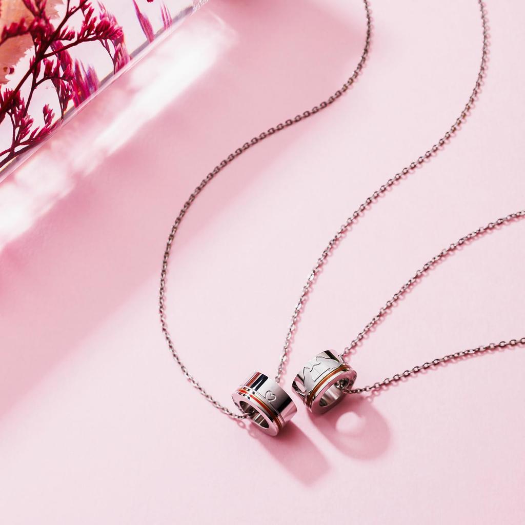 Pair Necklace Set of 2 Cat Red Thread Heart Circle Baby Ring Allergy Free Surgical Stainless Steel 316L Couple Anniversary Birthday Gift [White