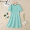 ZANZEA Женское летнее круглое шею однотонное повседневное платье с коротким рукавом