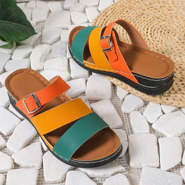 New Wide Width Wedge Sandals for Women Chunky Slide Slippers with Buckle Strap, Fashion Peep-Toe Summer Flip Flops