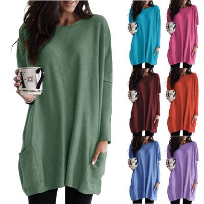 Женская мода, повседневный топ с круглым вырезом, небольшим карманом, средней длины, однотонный, с длинными рукавами