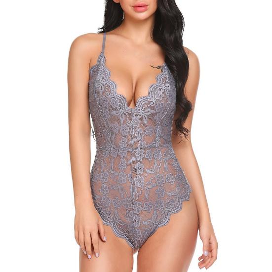 Women Sexy Bodysuit See-through Lace Skinny Low-cut V Neck Backless Sleeveless Hollow Out Flower Embroidery Adjustable Straps Solid Color Honeymoon