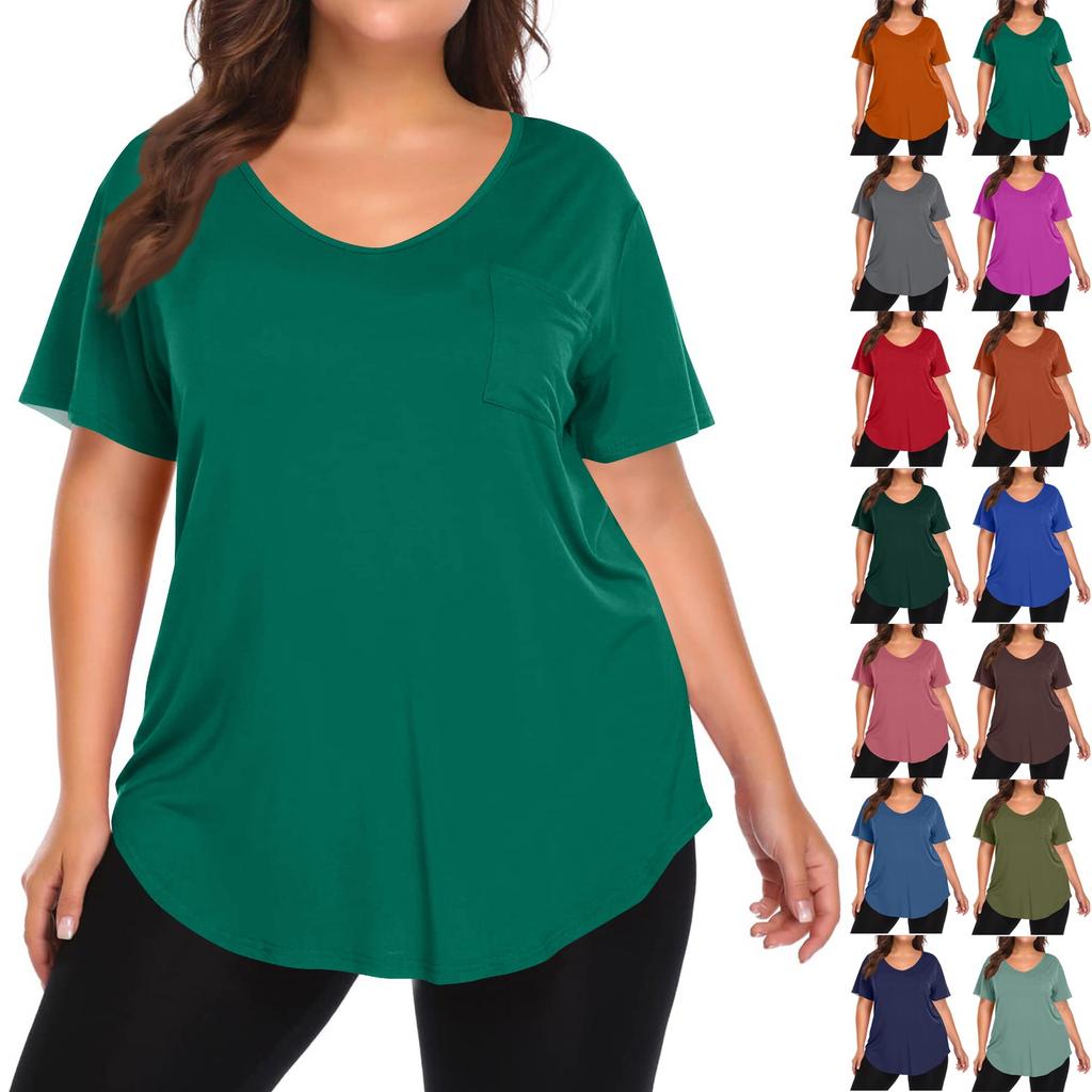Women's Solid Color Large Size V-neck Top Loose Pocket T-shirt