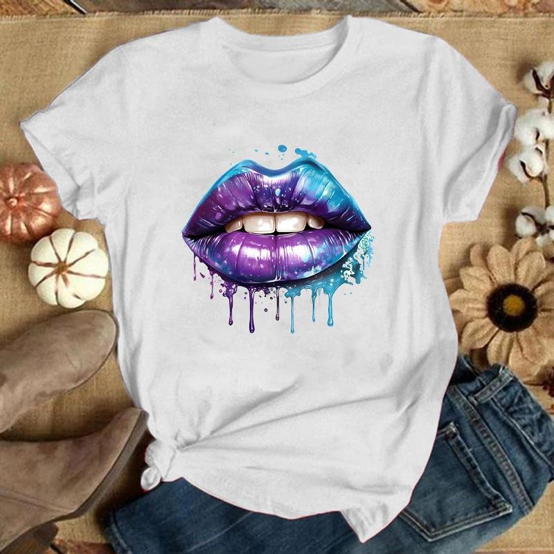 Lips Printed T-Shirts For Women Summer Tee Shirt Femme Casual Short Sleeve Round Neck Tops T-Shirts