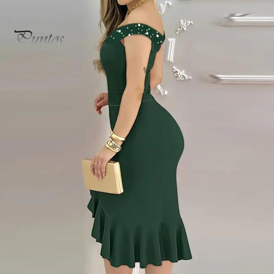 Evening Dress Off Shoulder Sheath Sleeveless Irregular Ruffle Hem Slim Fit Solid Color Faux Pearl Decor Midi Dress for Party Prom Wedding