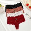Women Panties Mid Rise See-through Bow-knot Decor Elastic Breathable Inside Wearing Solid Color Sexy Lace Ladies G-string Briefs for Daily Wear