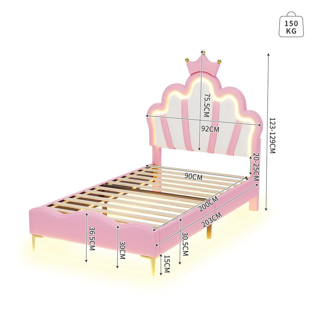 Upholstered Bed 90x200cm, Crown-shaped Princess Bed, Slatted Frame, LED Color-changing Light, PU Material, Adult/youth, Without Mattress