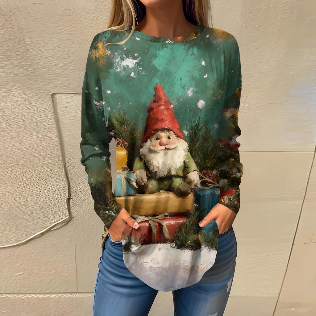 Женские футболки Повседневные футболки с круглым вырезом и длинным рукавом Рождественский принт Топ-пуловер
